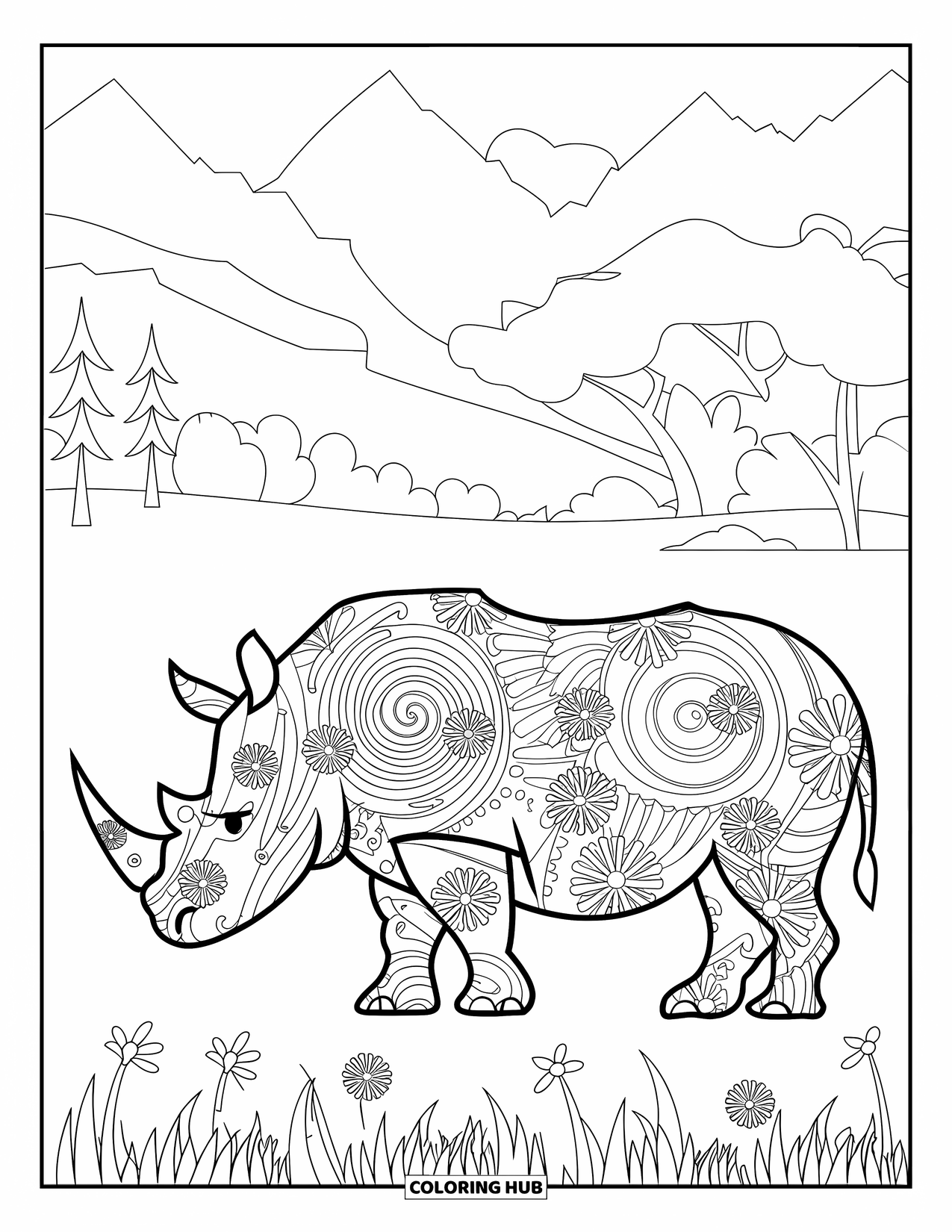 Rhino Coloring Page for Adults: Botanical rhino silhouette stands in a grassy field with flowers and trees