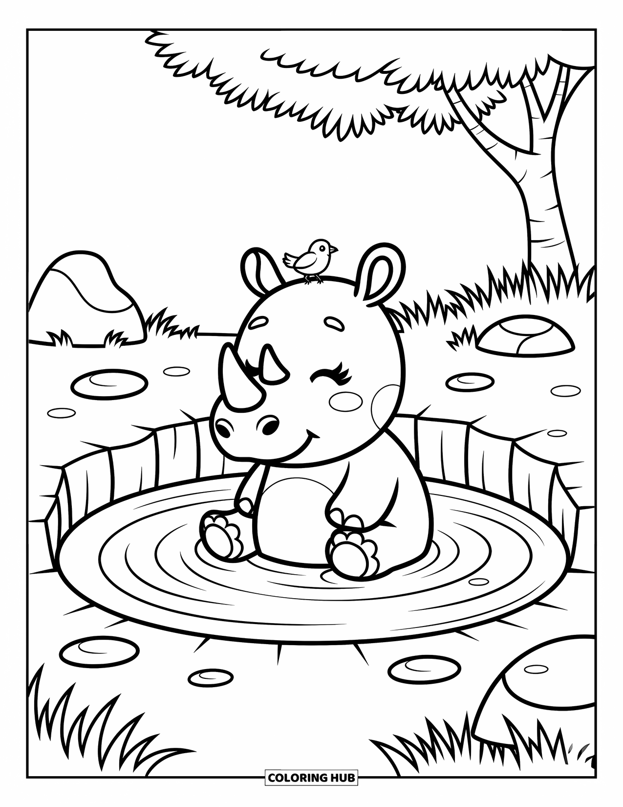 Rhino Coloring Page for Adults: Content rhino rests in a mudhole with shade and a friendly bird close by