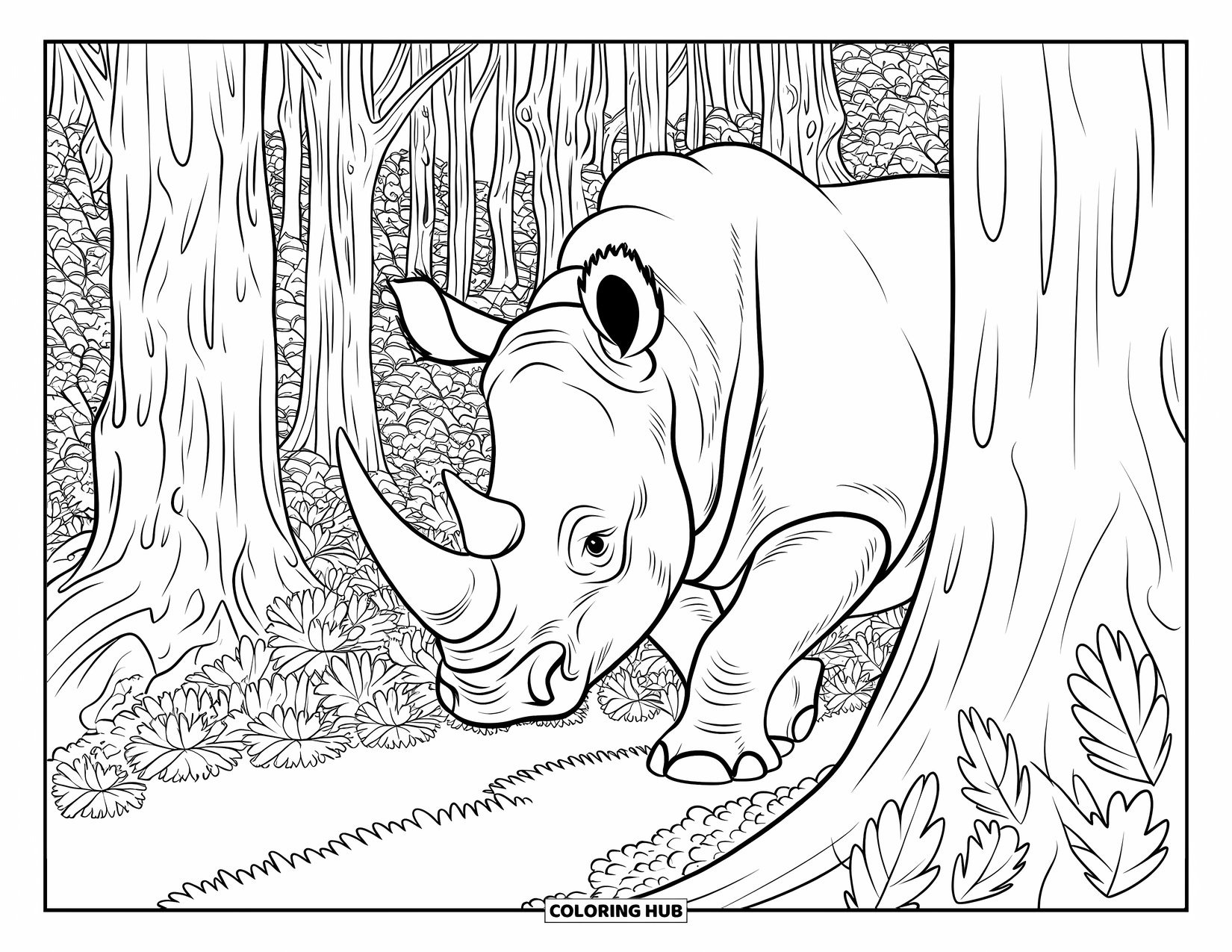 Rhino Coloring Page for Adults: Curious rhino walks through a leafy forest with tall trees around