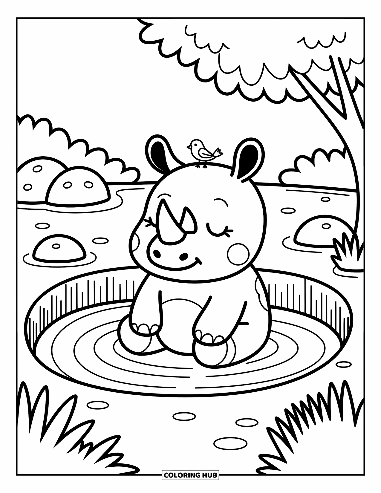 Rhino Coloring Page for Adults: Cute rhino soaks in the mud while a bird rests on its back