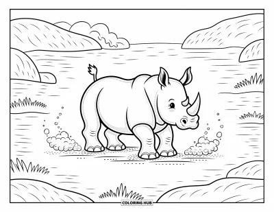 Kleurplaat van een neushoorn voor volwassenen: Lief neushoorn staat na het rollen in het stof, omgeven door kleine wervelende stofwolkjes