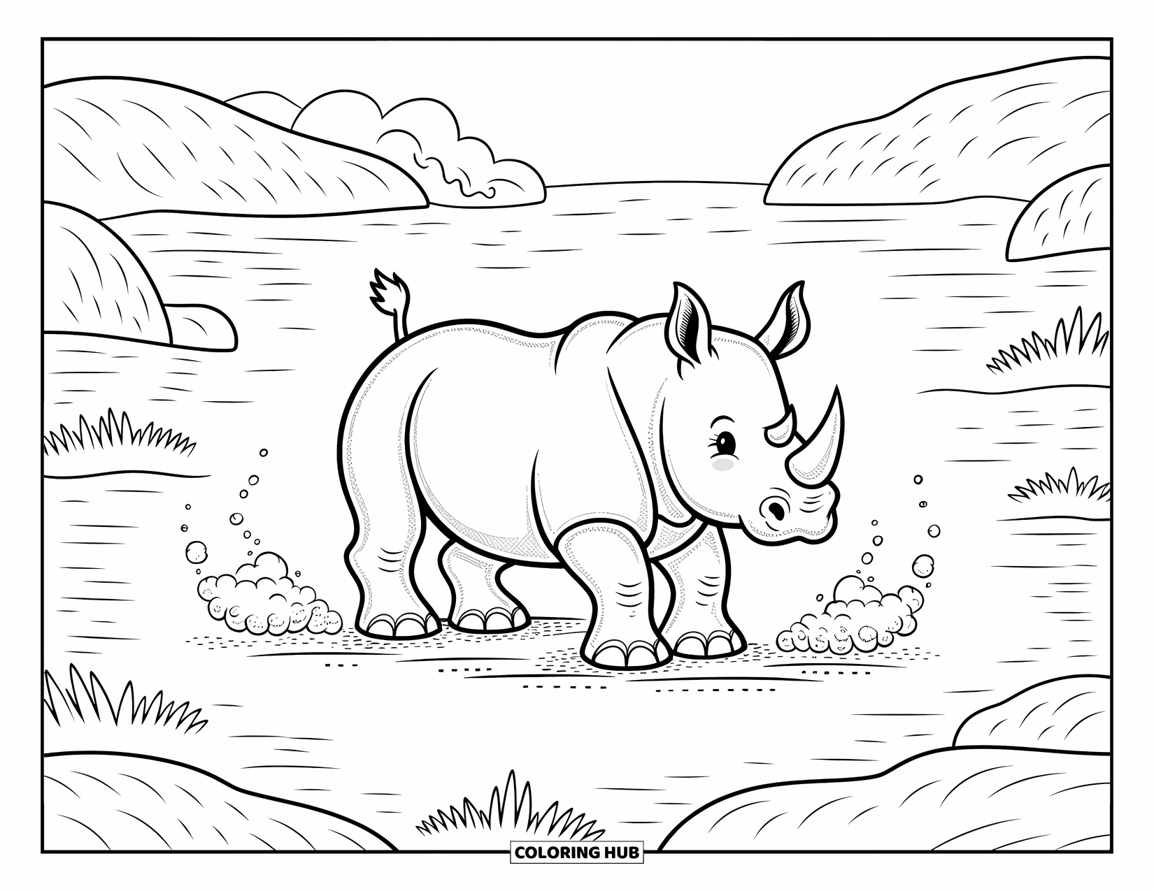Rhino Coloring Page for Adults: Cute rhino stands after rolling in dirt, surrounded by tiny swirling dust clouds
