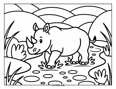 Kleurplaat van een neushoorn voor volwassenen: Schattige neushoorn stapt voorzichtig in een beekje omgeven door zachte planten en heuvels