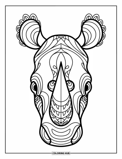 Kleurplaat van een neushoorn voor volwassenen: Decoratieve neushoornkop met speelse en gedetailleerde Zentangle-kunst