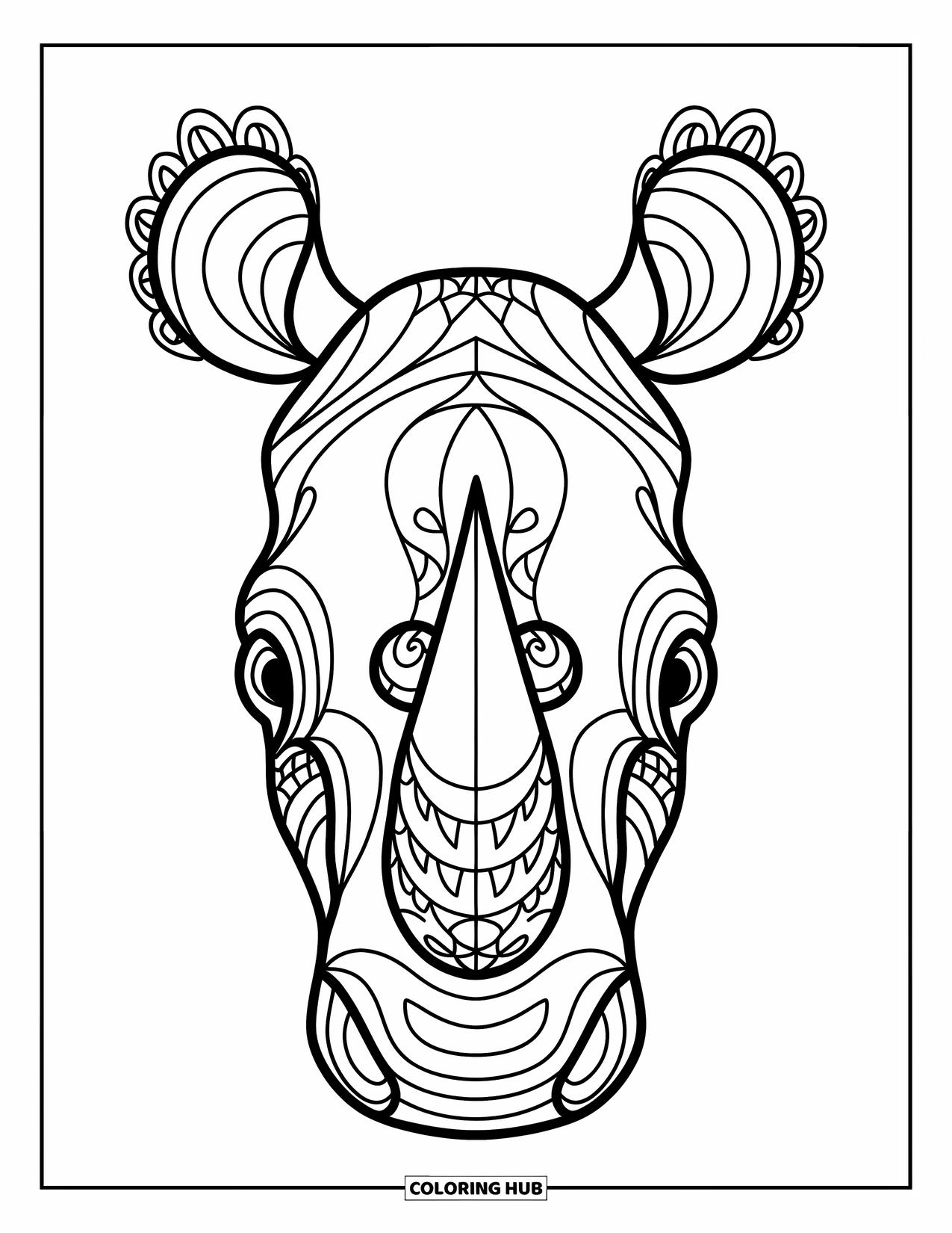 Rhino Coloring Page for Adults: Decorative rhino head shows off playful, detailed Zentangle art