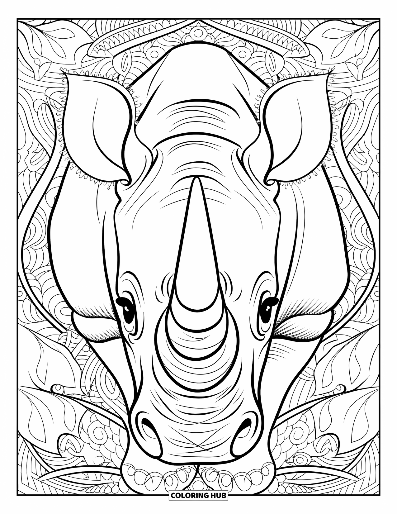 Rhino Coloring Page for Adults: Decorative rhino stands among leafy vines and swirling patterns
