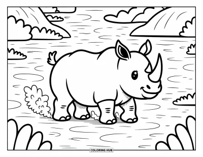 Kleurplaat van een neushoorn voor volwassenen: Kawaii-neushoorn bedekt met stof staat speels op droge, gebarsten grond