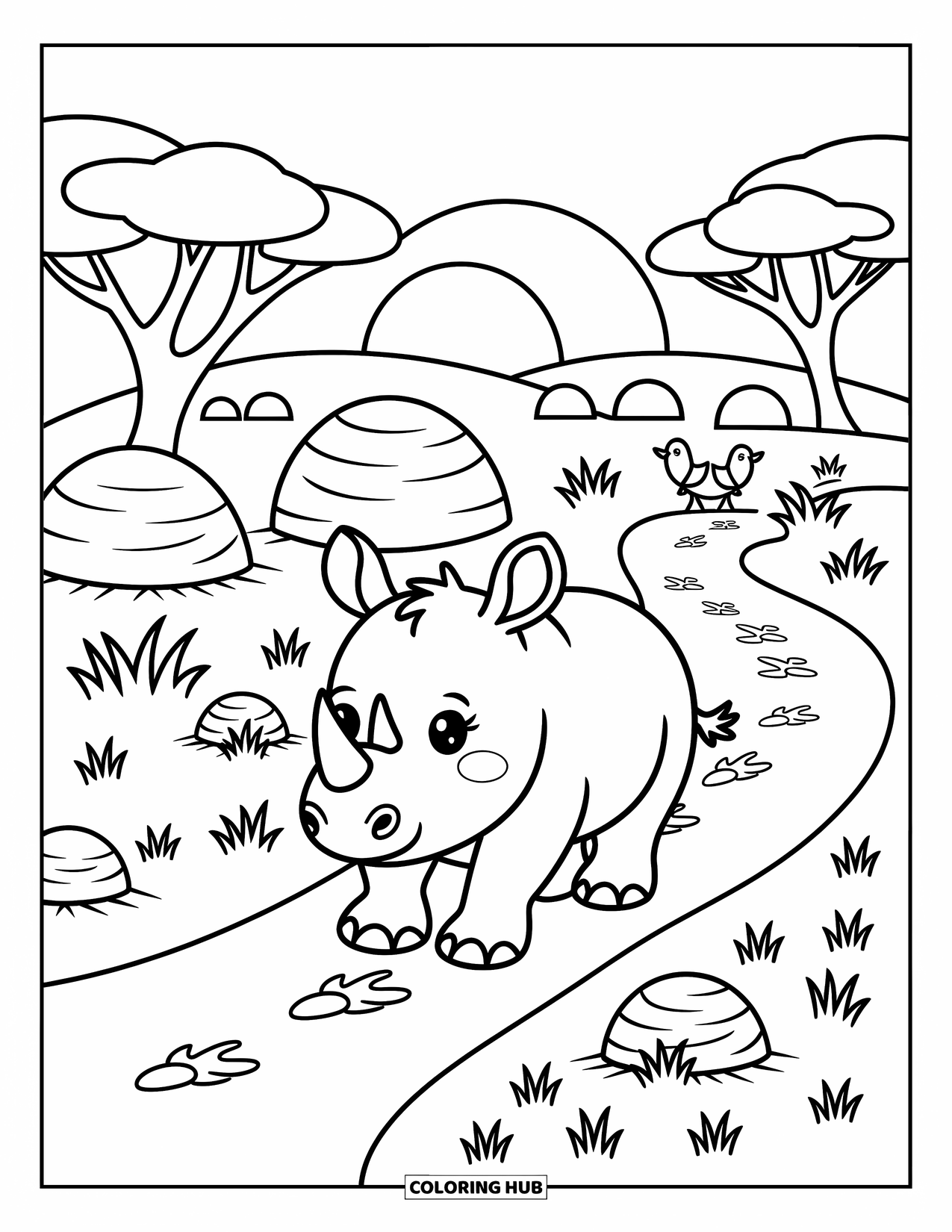 Rhino Coloring Page for Adults: Playful rhino trots along a trail with birds, trees, and soft hills