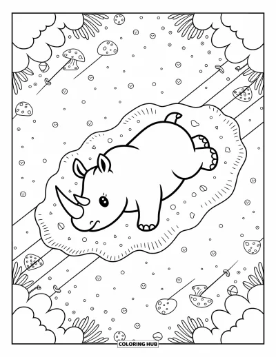 Kleurplaat van een neushoorn voor volwassenen: Ontspannen neushoorn rust op droge grond met kleine paddenstoelen en speelse details