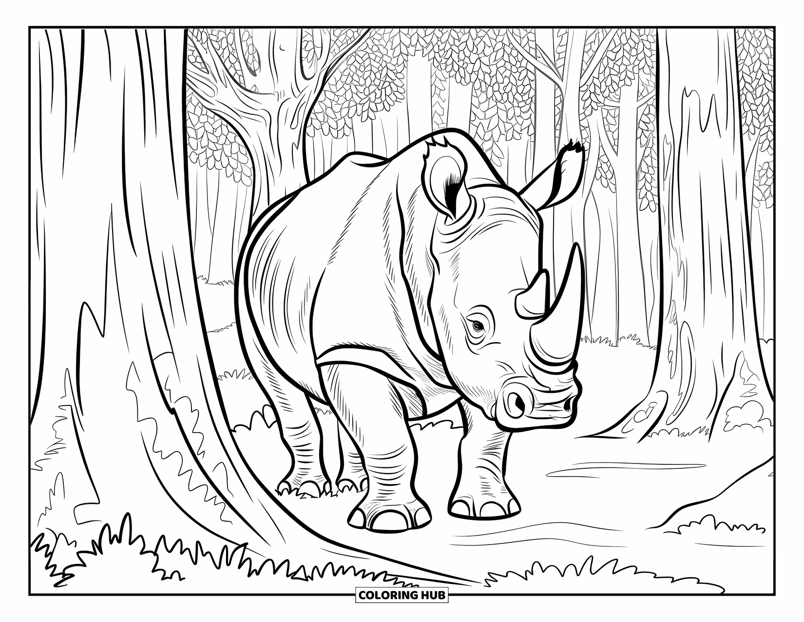 Rhino Coloring Page for Adults: Rhino appears from a deep forest filled with tall trees and thick leaves