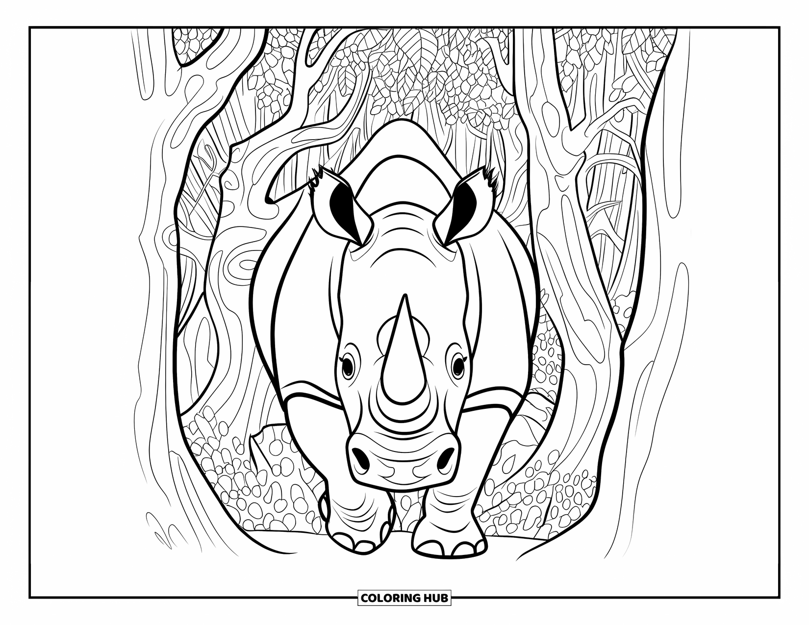 Rhino Coloring Page for Adults: Rhino emerges from a textured forest filled with bold trees and leaves