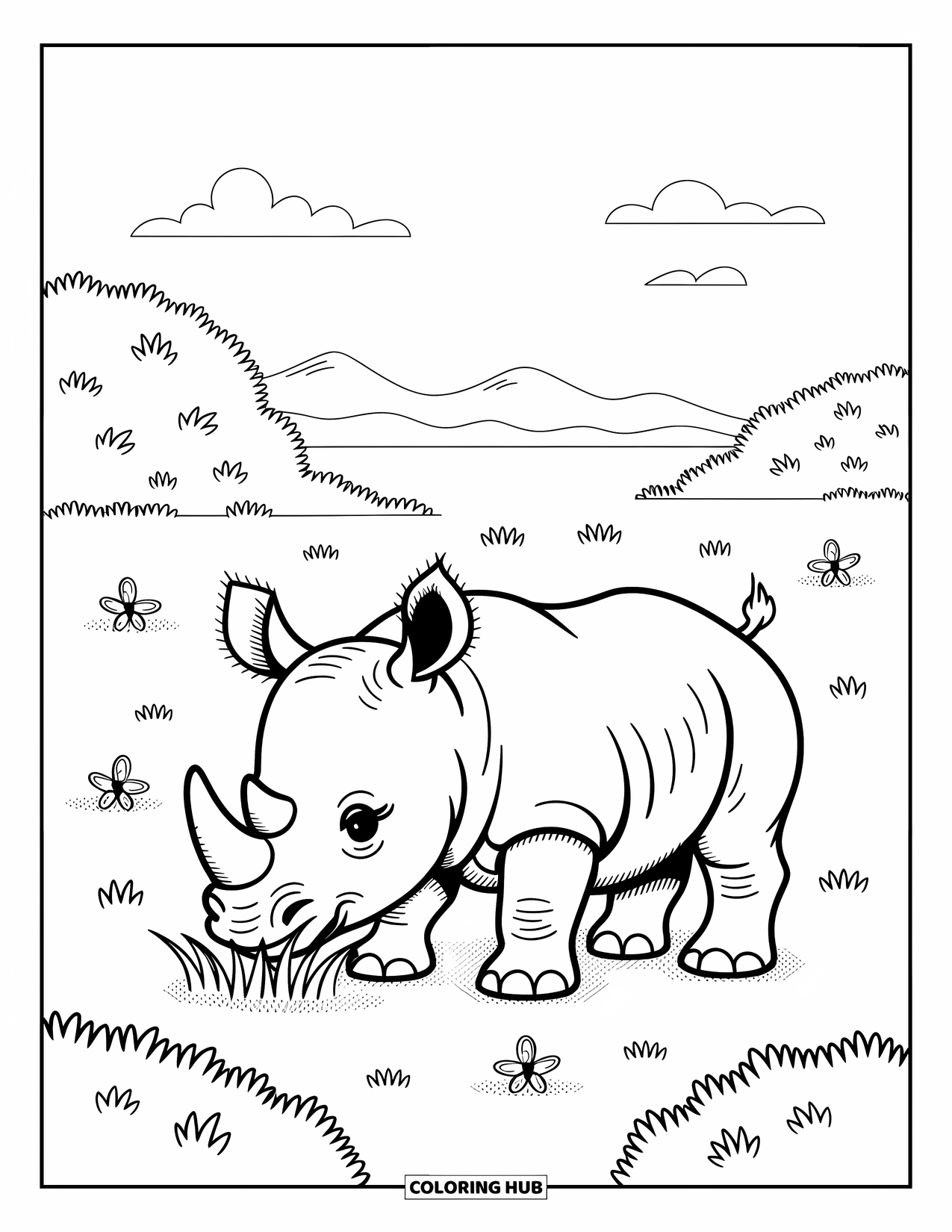Rhino Coloring Page for Adults: Rhino grazes calmly among shrubs, wildflowers, and playful butterflies