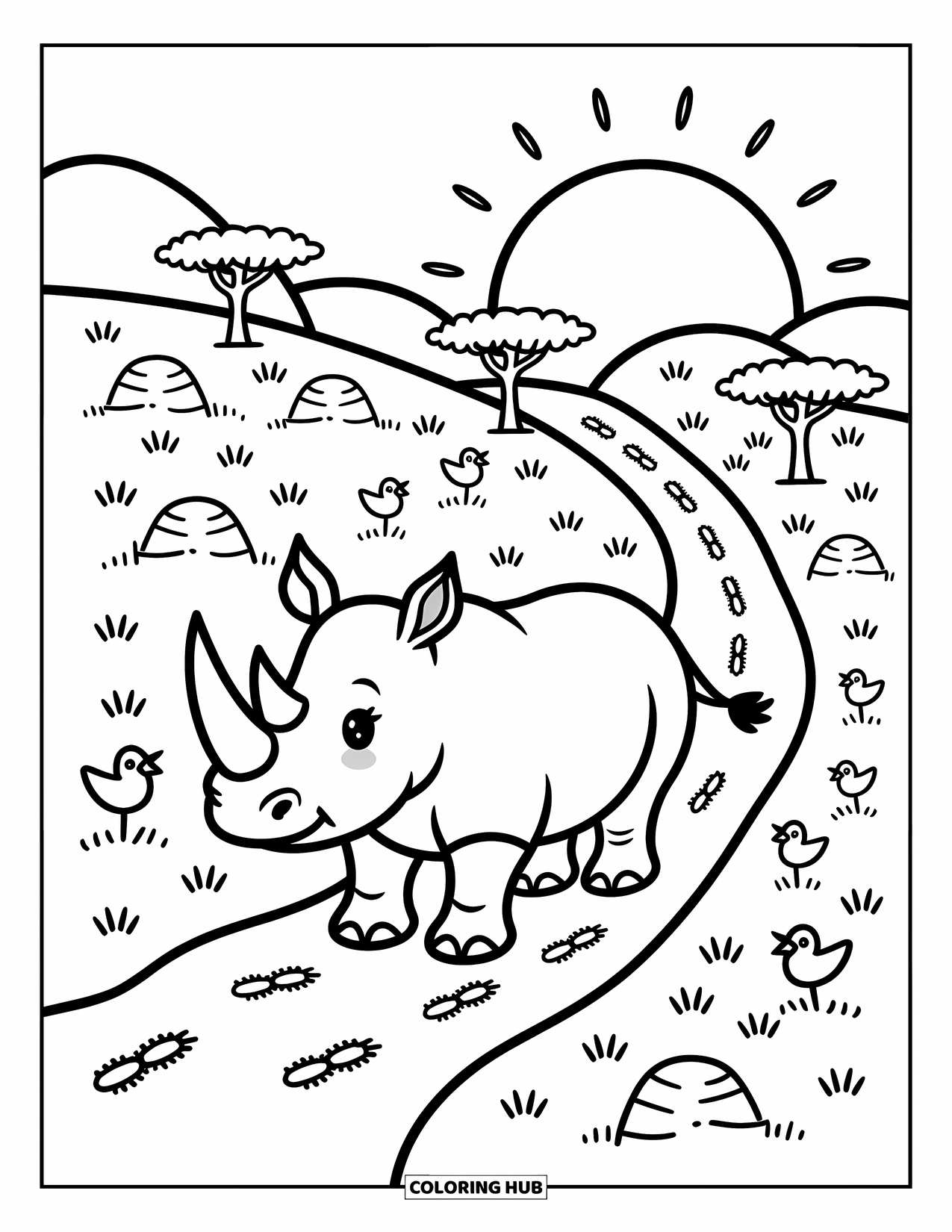 Rhino Coloring Page for Adults: Rhino happily walks down a trail with birds and hills under a rising sun