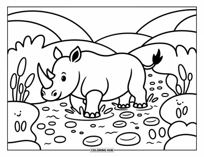 Kleurplaat van een neushoorn voor volwassenen: Neushoorn plonst door een ondiepe beek vol stenen en gebogen riet