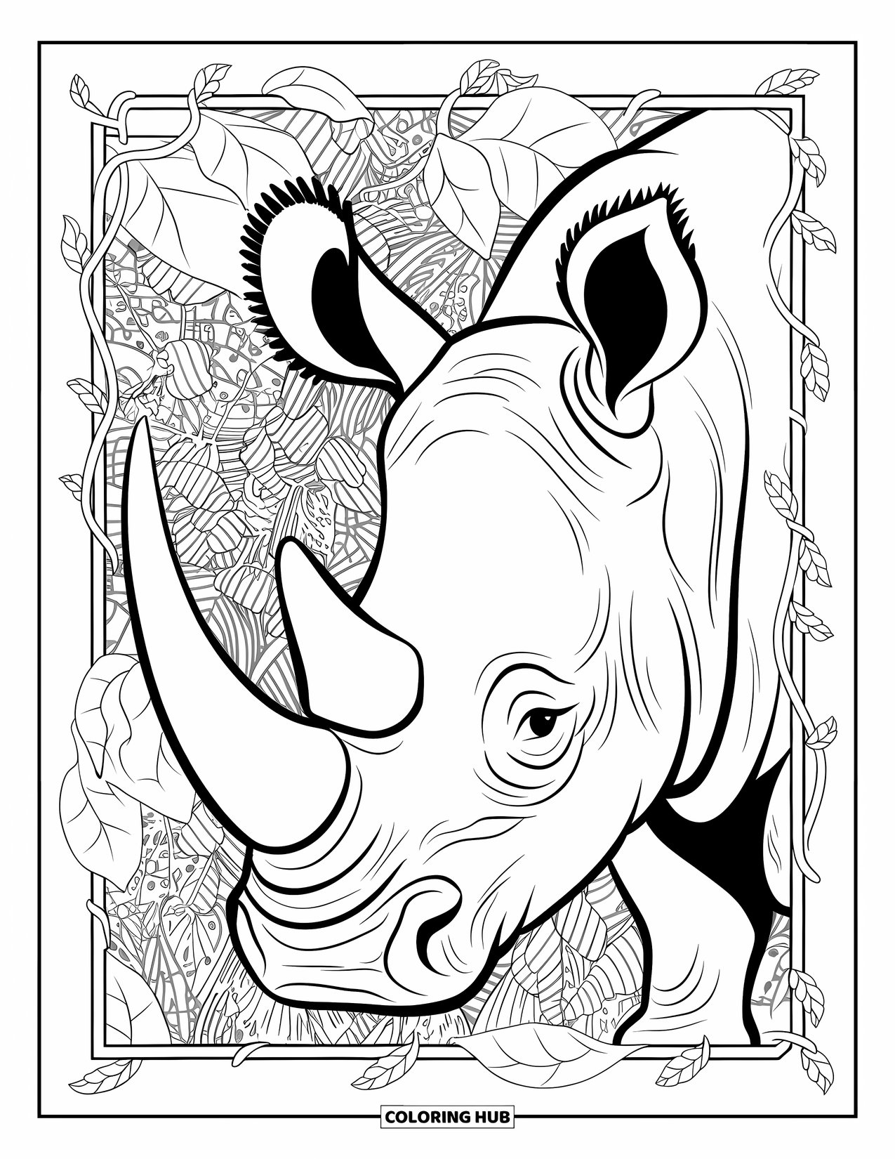 Rhino Coloring Page for Adults: Rhino stands among twisting vines and leafy branches