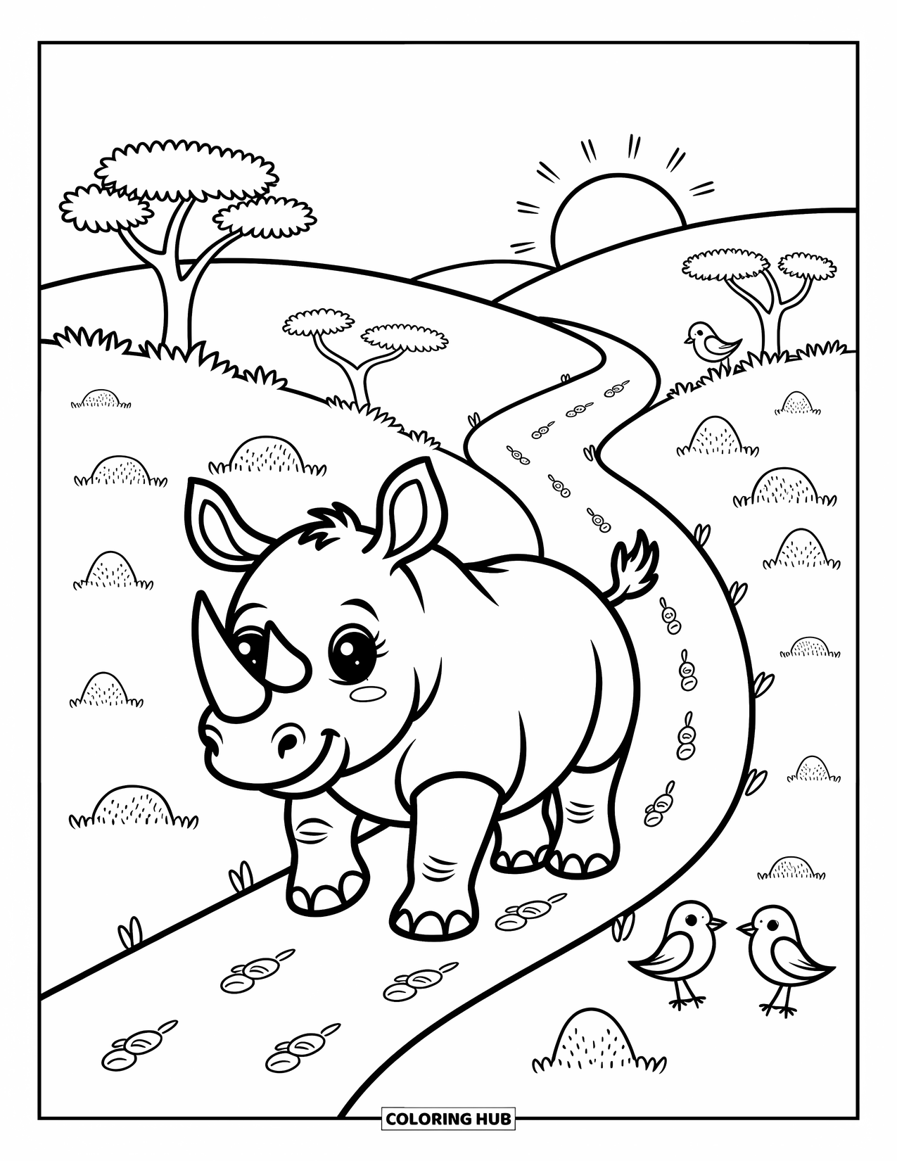 Rhino Coloring Page for Adults: Smiling rhino trots down a dirt path with birds and tiny trees nearby