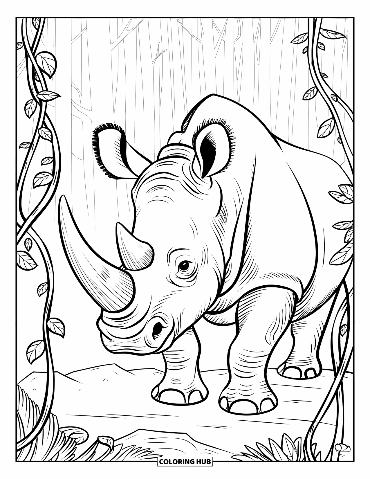 Rhino Coloring Page for Adults: Strong rhino with a bold horn is framed by forest vines and leaves
