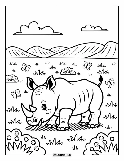 Kleurplaat van een neushoorn voor volwassenen: Jong neushoorn eet gras met vlinders en een berg in de verte