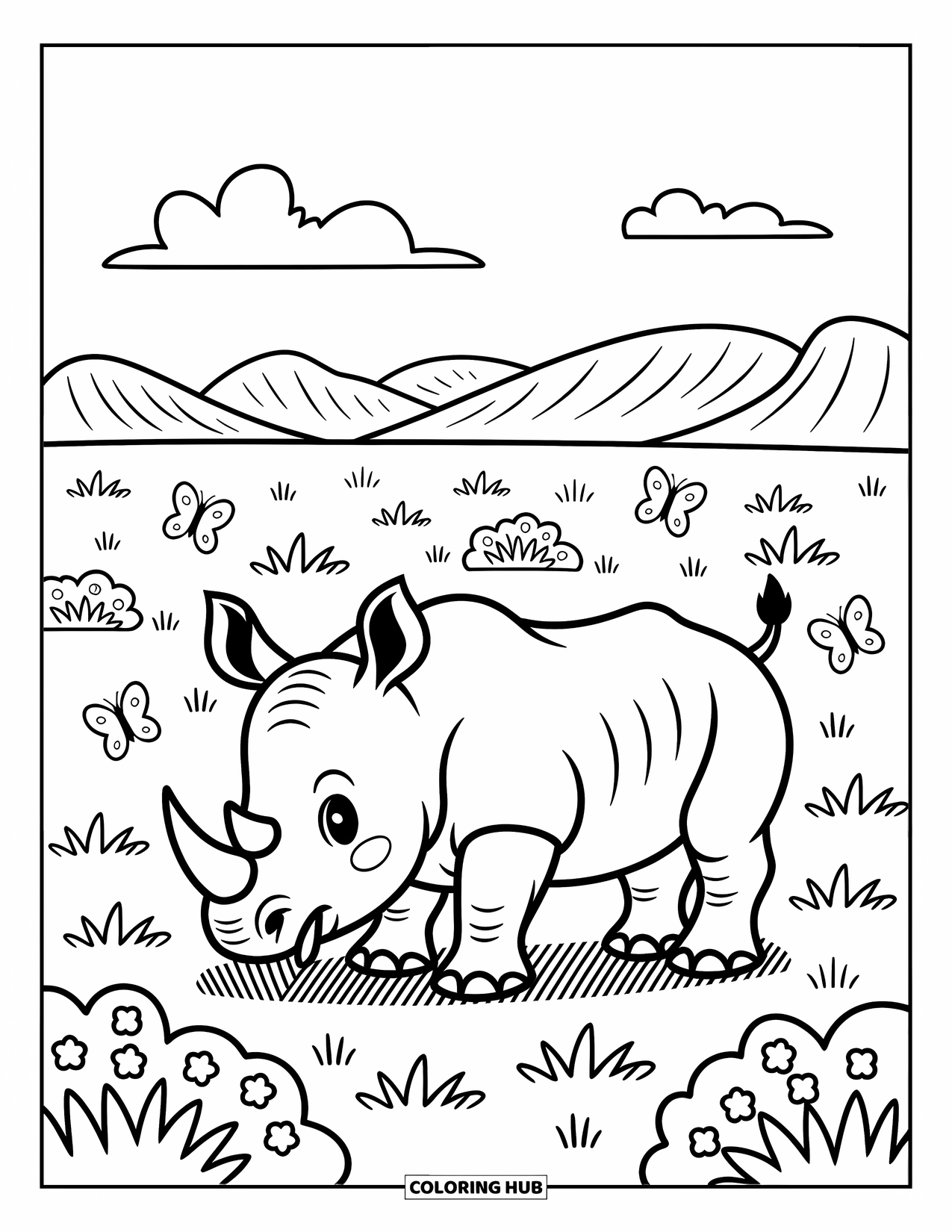 Rhino Coloring Page for Adults: Young rhino munches on grass with butterflies and a mountain in the distance