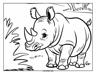 Kleurplaat van een neushoorn voor kinderen: Jonge neushoorn kijkt vanachter een struik in een open veld