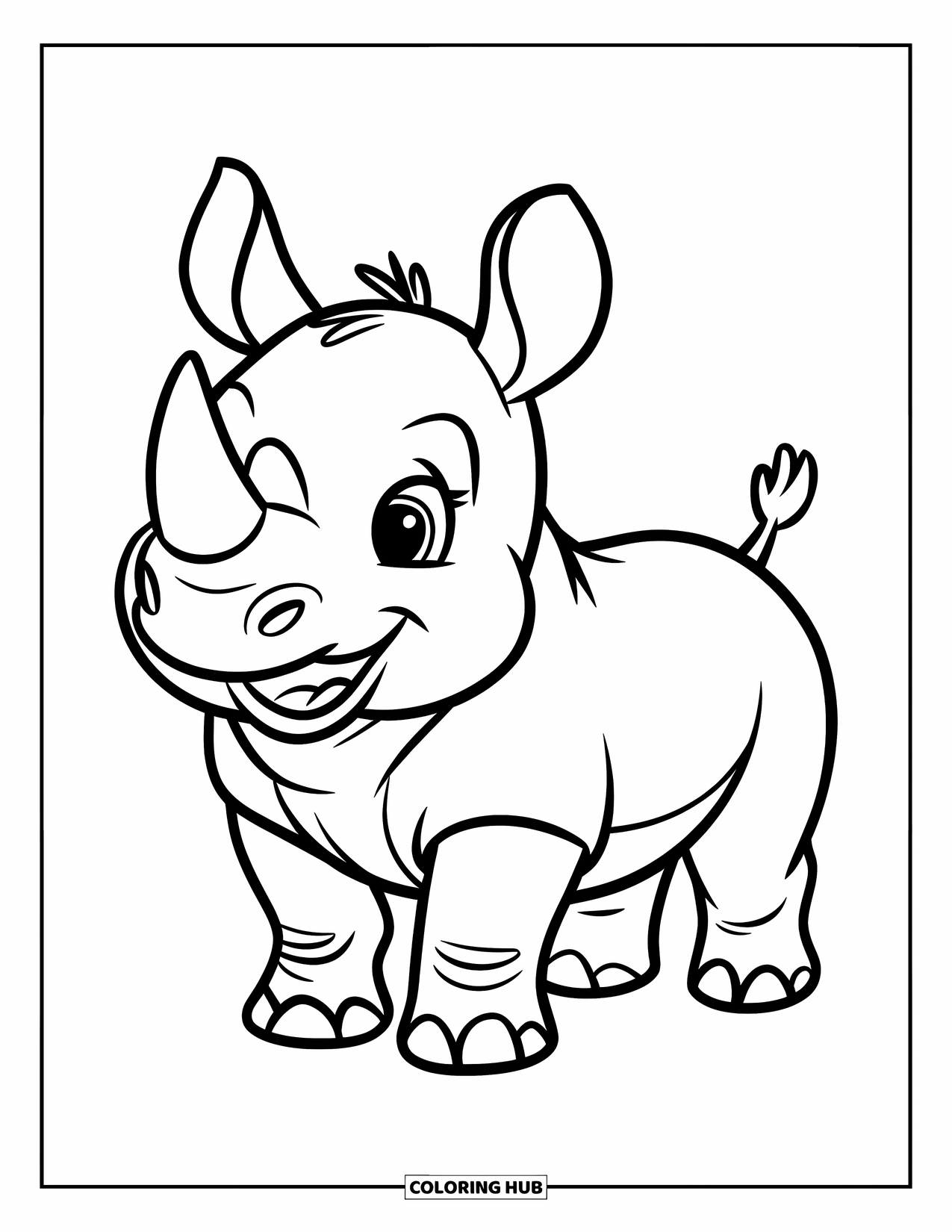 Rhino Coloring Page for Kids: Baby rhino smiles brightly while standing alone on white background