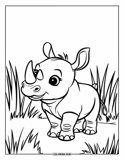 Kleurplaat van een neushoorn voor kinderen: Vrolijke jonge neushoorn staat in het savanegras onder een heldere lucht
