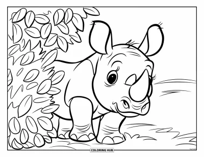 Kleurplaat van een neushoorn voor kinderen: Nieuwsgierige jonge neushoorn kijkt om de hoek van een dichte struik