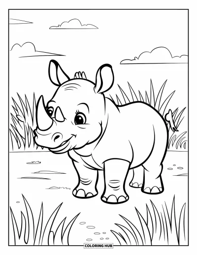 Kleurplaat van een neushoorn voor kinderen: Vrolijke jonge neushoorn staat alleen in het hoge gras van de savanne