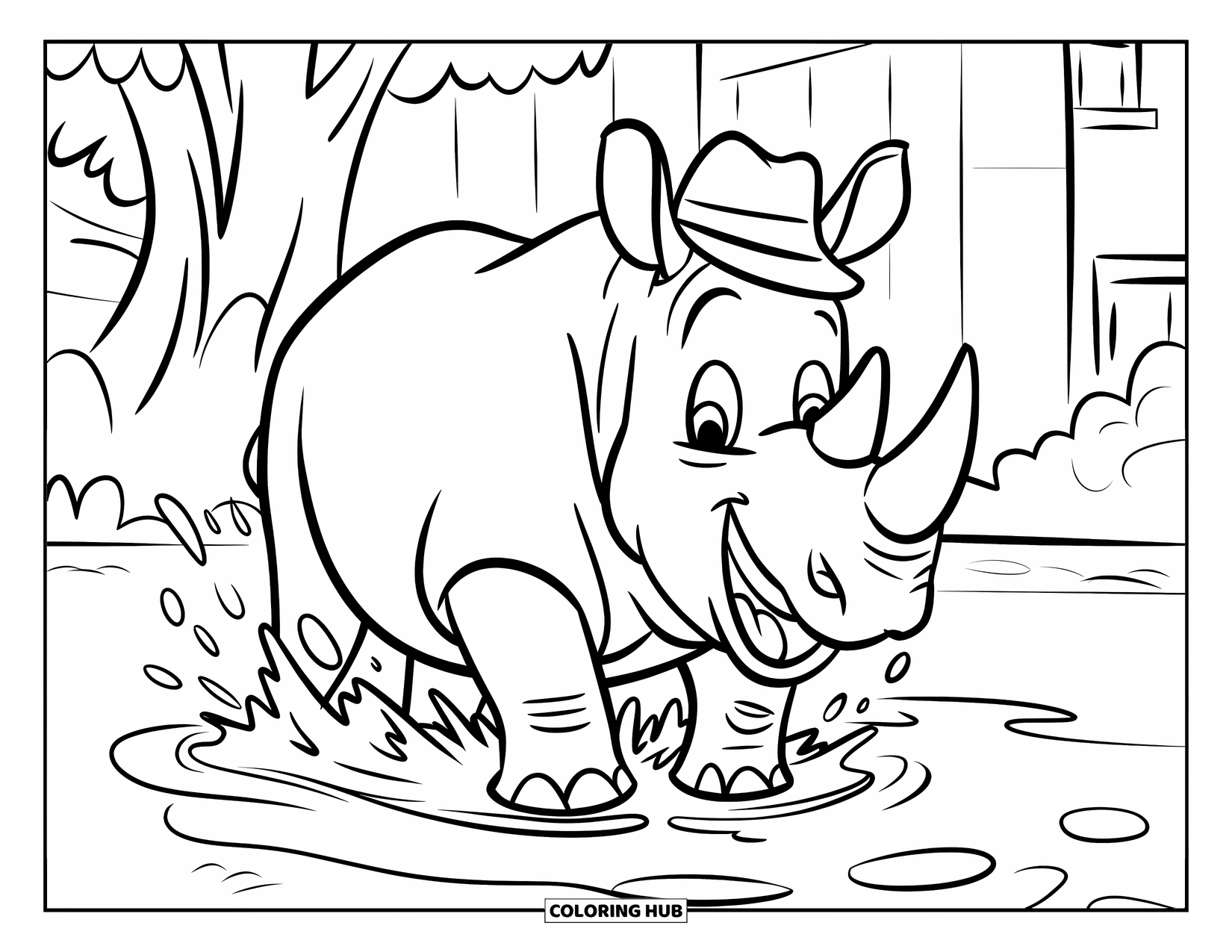 Rhino Coloring Page for Kids: Happy rhino splashes in a puddle with trees and a building nearby
