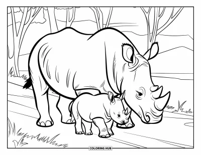 Kleurplaat van een neushoorn voor kinderen: Moeder neushoorn loopt beschermend naast haar jong bij hoge bomen