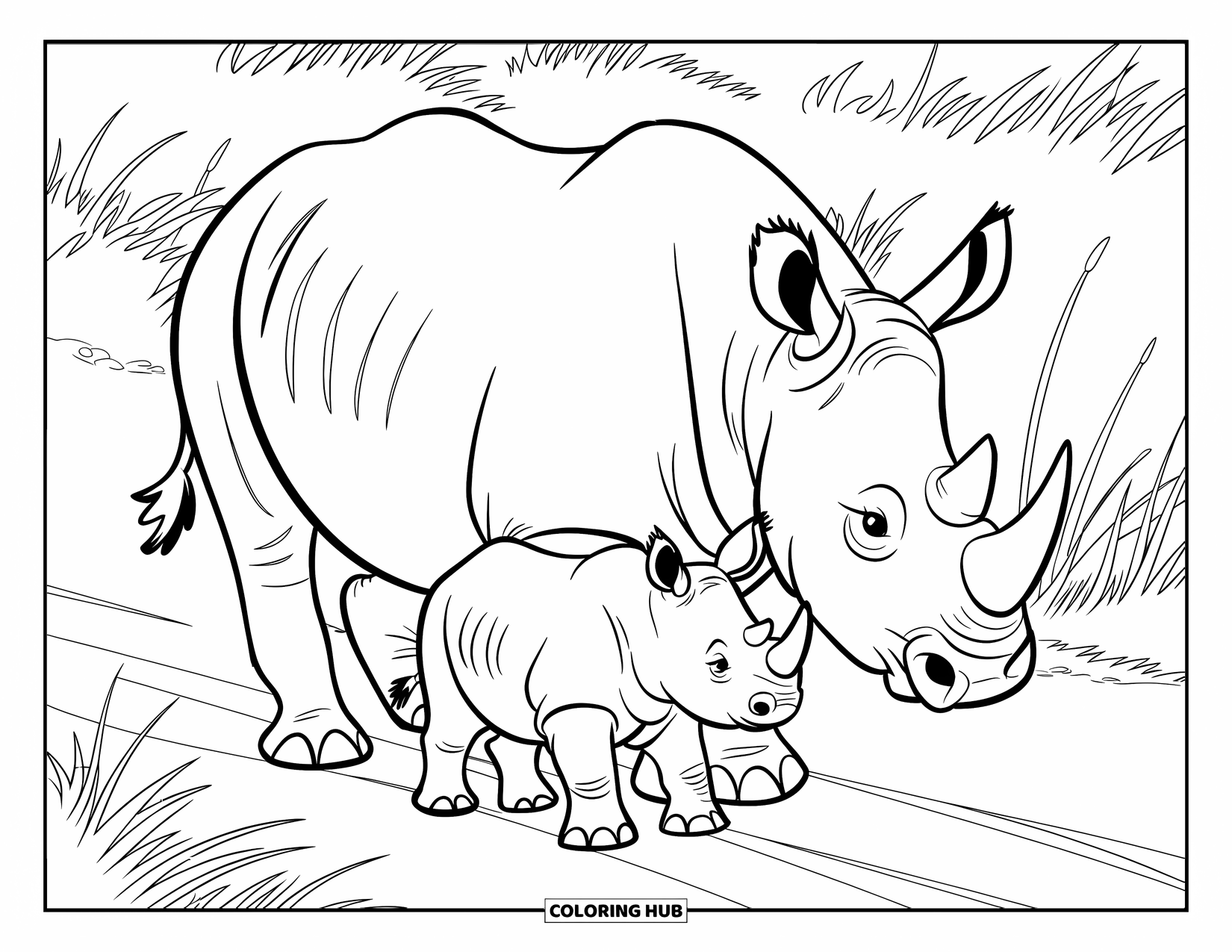 Rhino Coloring Page for Kids: Mother rhino walking with her baby on a grassy safari path