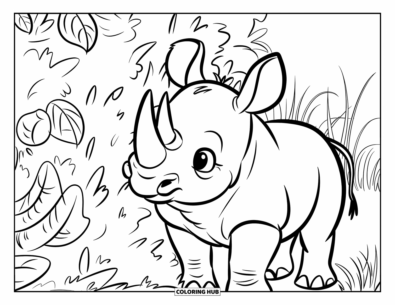 Rhino Coloring Page for Kids: Playful baby rhino peeks from behind a leafy bush