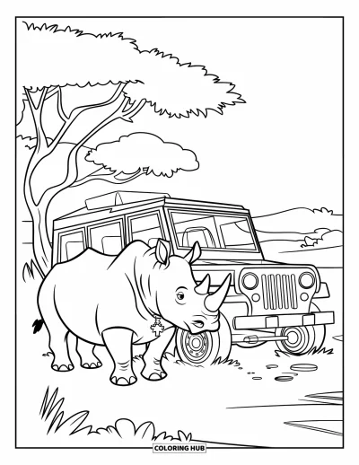 Kleurplaat van een neushoorn voor kinderen: Neushoorn en jeep in de savanne met bomen in de verte