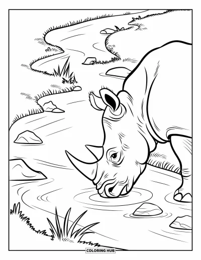 Kleurplaat van een neushoorn voor kinderen: Neushoorn buigt om te drinken uit een rustige rivier omgeven door riet