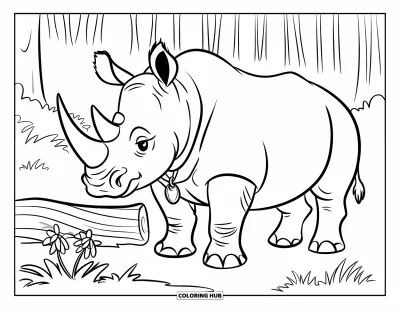 Kleurplaat van een neushoorn voor kinderen: Neushoorn bij een boomstam en wilde bloemen in een bosachtige omgeving