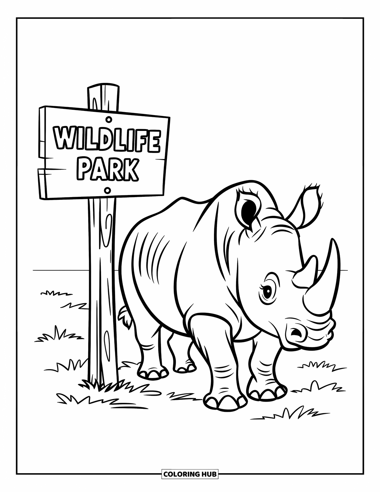 Rhino Coloring Page for Kids: Rhino beside a sign labeled "Wildlife Park" in a grassy field