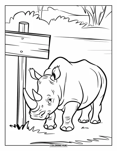 Kleurplaat van een neushoorn voor kinderen: Neushoorn naast een houten wegwijzer in een groen veld met bomen