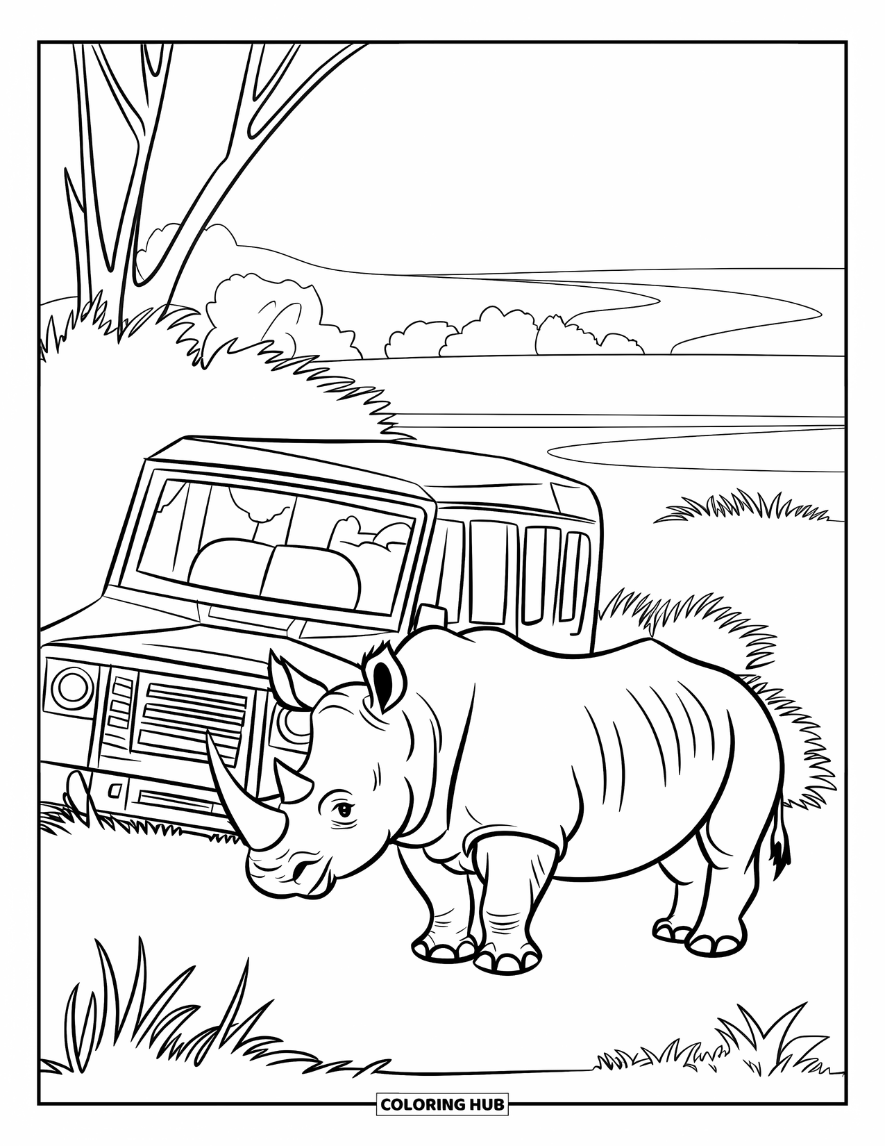 Rhino Coloring Page for Kids: Rhino beside an abandoned jeep in a grassy safari setting
