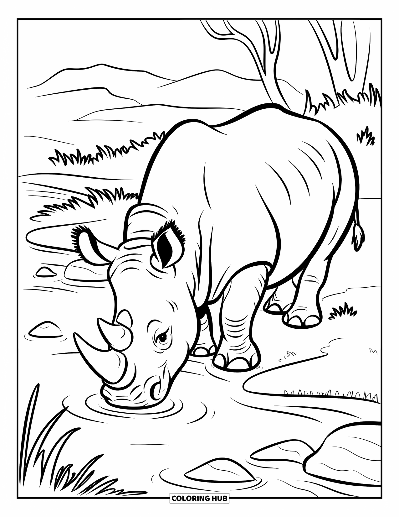 Rhino Coloring Page for Kids: Rhino drinks from a shallow river with reeds and rocks