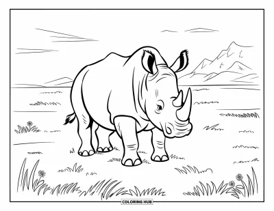 Kleurplaat van een neushoorn voor kinderen: Neushoorn kijkt recht naar voren met besneeuwde bergtoppen op de achtergrond