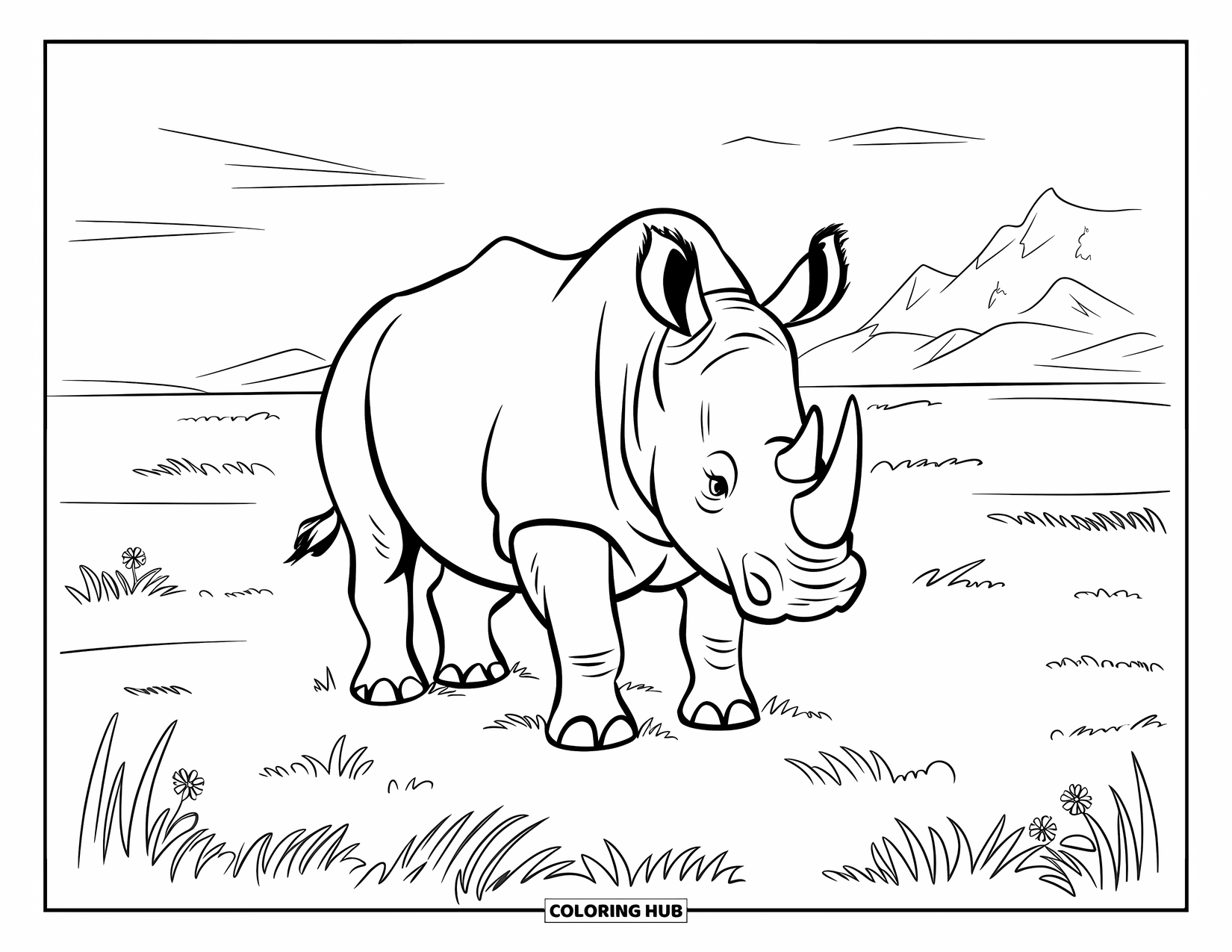 Rhino Coloring Page for Kids: Rhino facing forward with snowy mountain peaks in the background