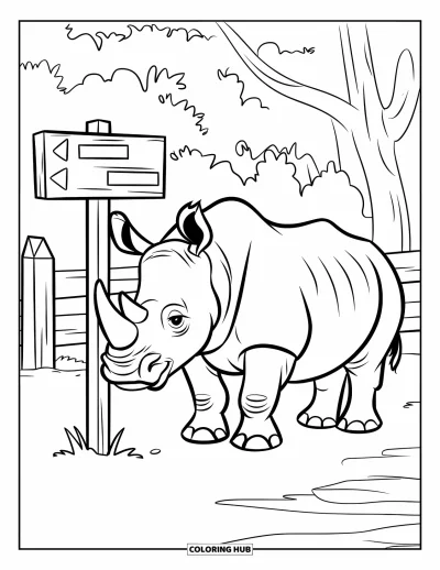 Kleurplaat van een neushoorn voor kinderen: Neushoorn bij bomen en een wegwijzer in een omheind wildpark