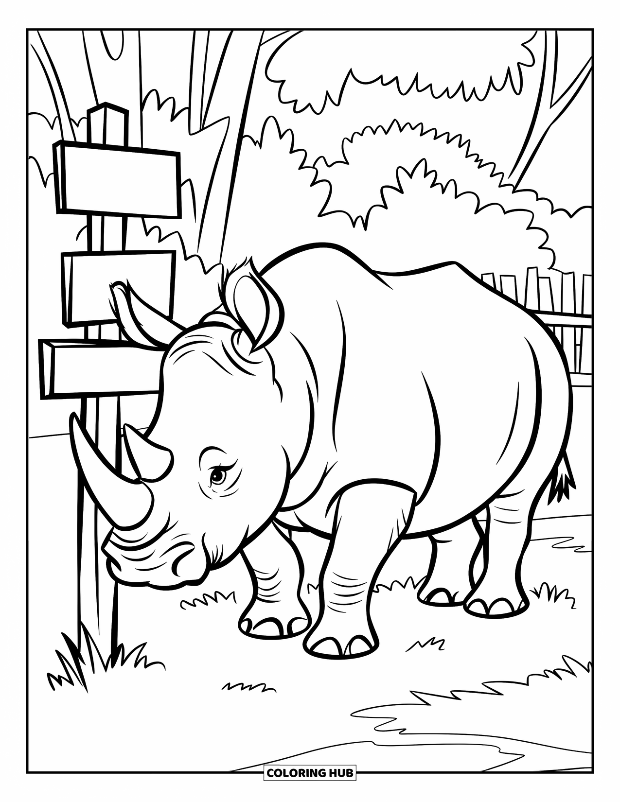 Rhino Coloring Page for Kids: Rhino next to a wooden signpost in a grassy wildlife park