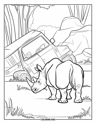 Kleurplaat van een neushoorn voor kinderen: Neushoorn naast een scheve oude jeep in het hoge gras