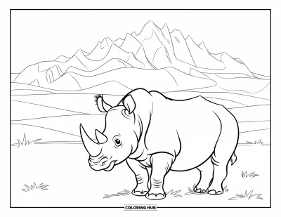 Kleurplaat van een neushoorn voor kinderen: Neushoorn in het gras met zachte berglijnen en een heldere lucht