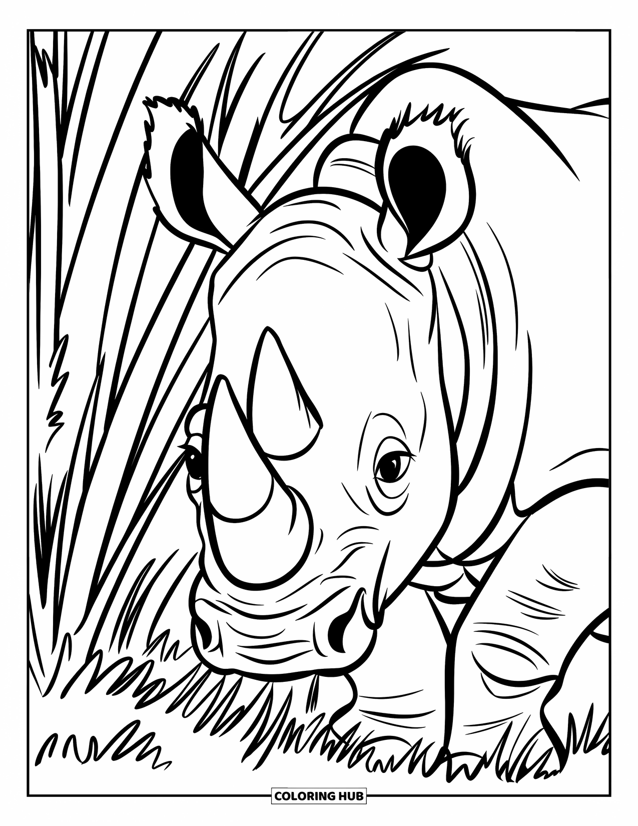 Rhino Coloring Page for Kids: Rhino peeks out from grass in a wide-open field