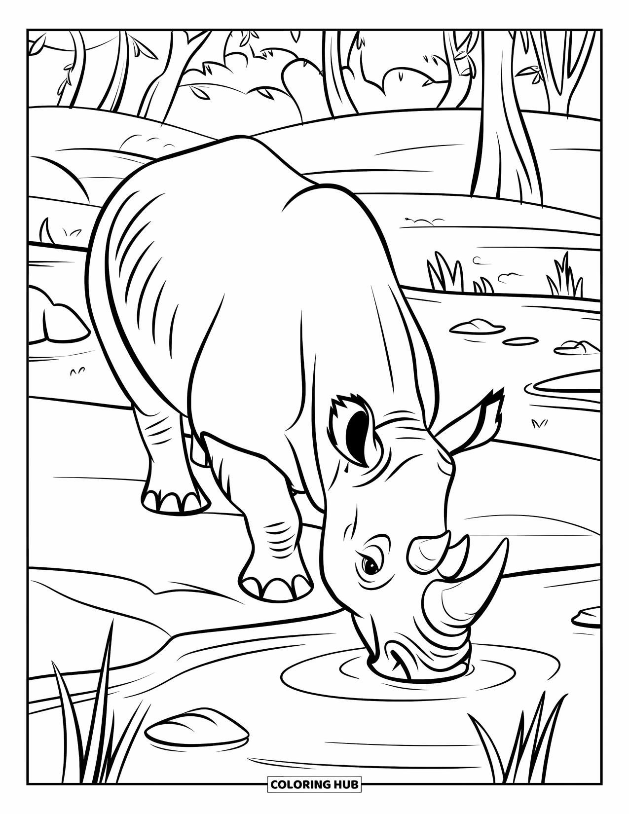 Rhino Coloring Page for Kids: Rhino sipping water from a rocky river near trees