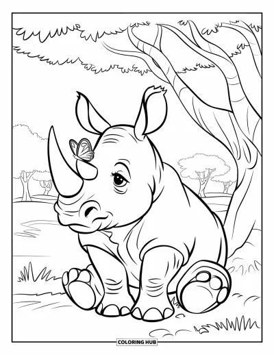 Kleurplaat van een neushoorn voor kinderen: Neushoorn zit onder een boom met een vlinder op zijn neus