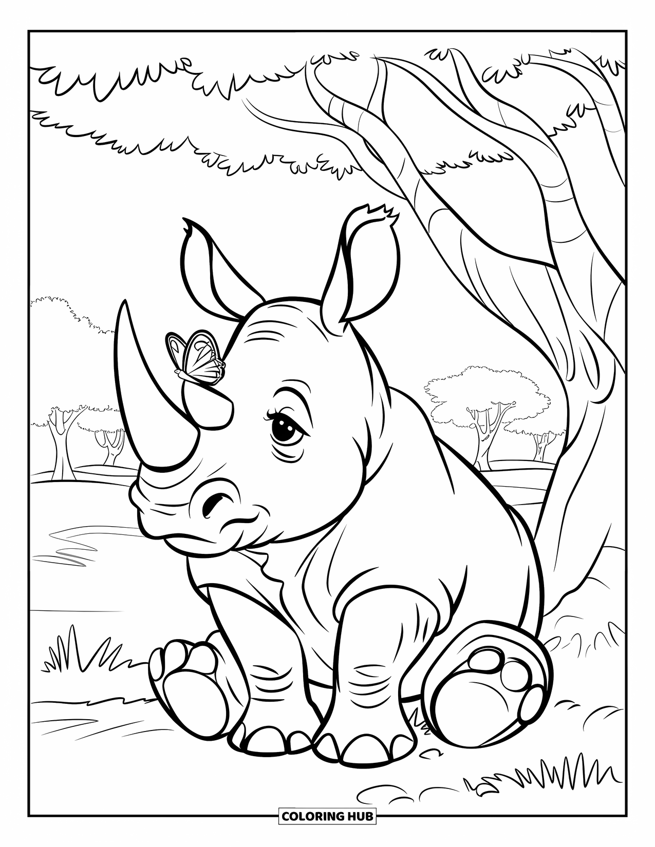 Rhino Coloring Page for Kids: Rhino sits under a tree with a butterfly on its nose