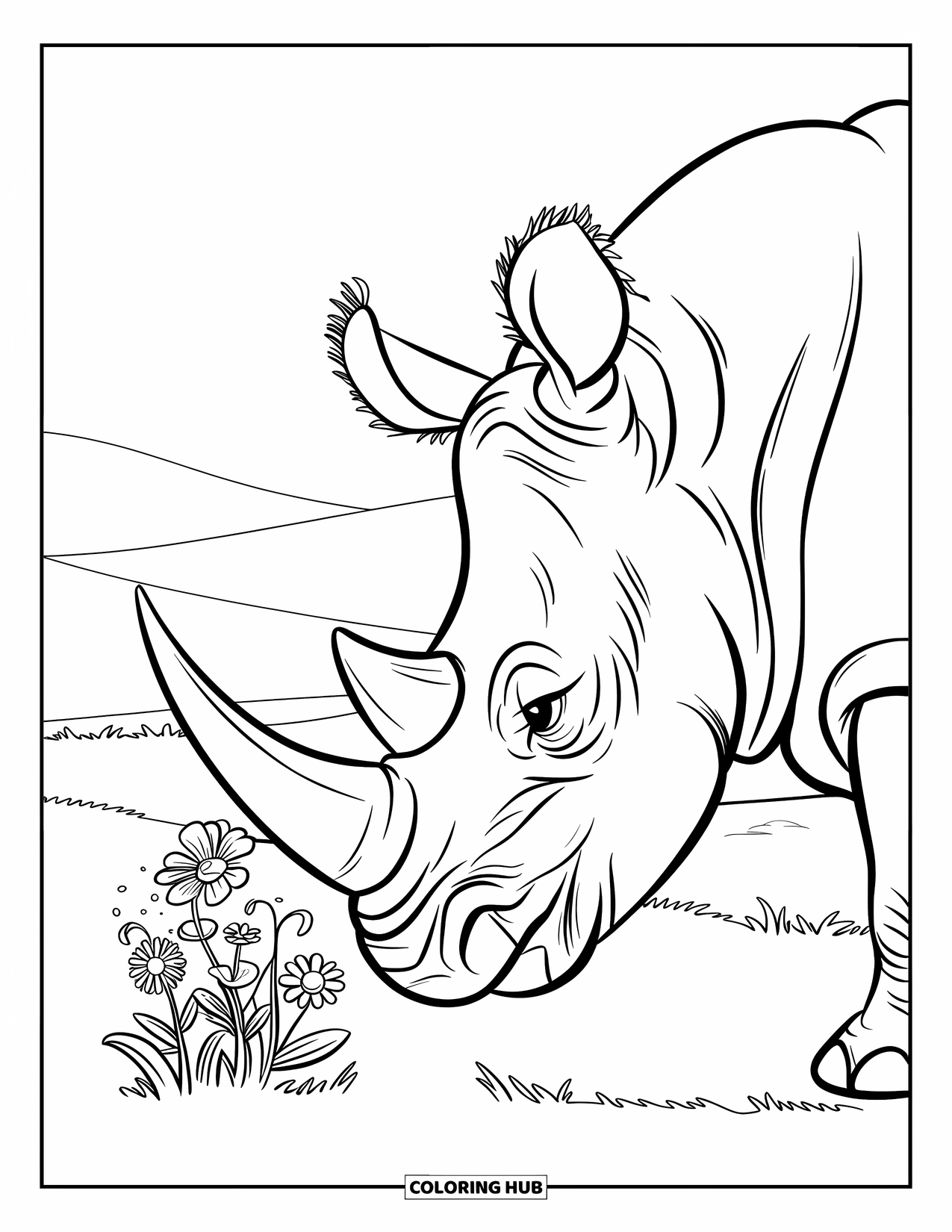 Rhino Coloring Page for Kids: Rhino smelling a flower bouquet on a grassy hill
